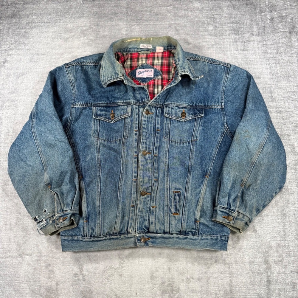 California Group Jacket Mens Large Blue Vintage Plaid Flannel Lined Distressed